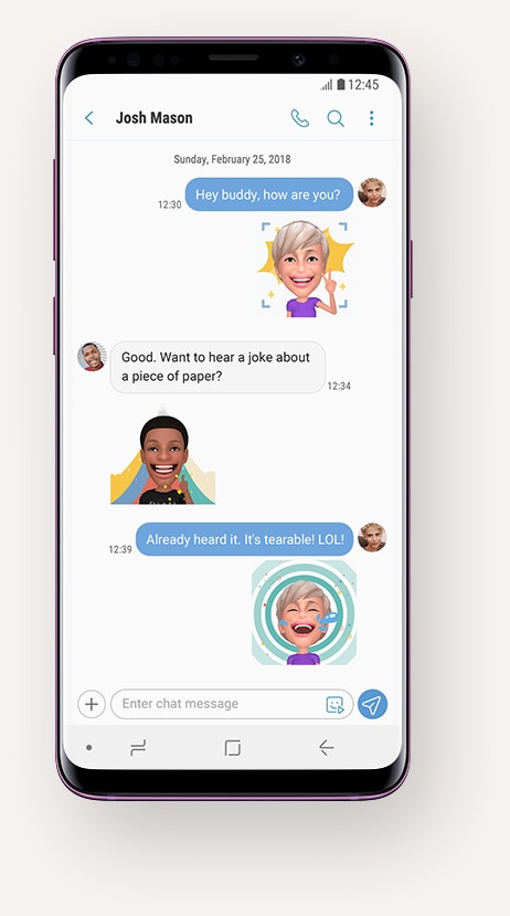 Galaxy S9+ with Messages app on-screen displaying a conversation with AR Emoji stickers