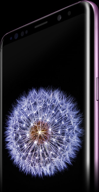 Galaxy S9+ standing at an angle with dandelion image on-screen and dandelion seeds floating in air to the right of the phone