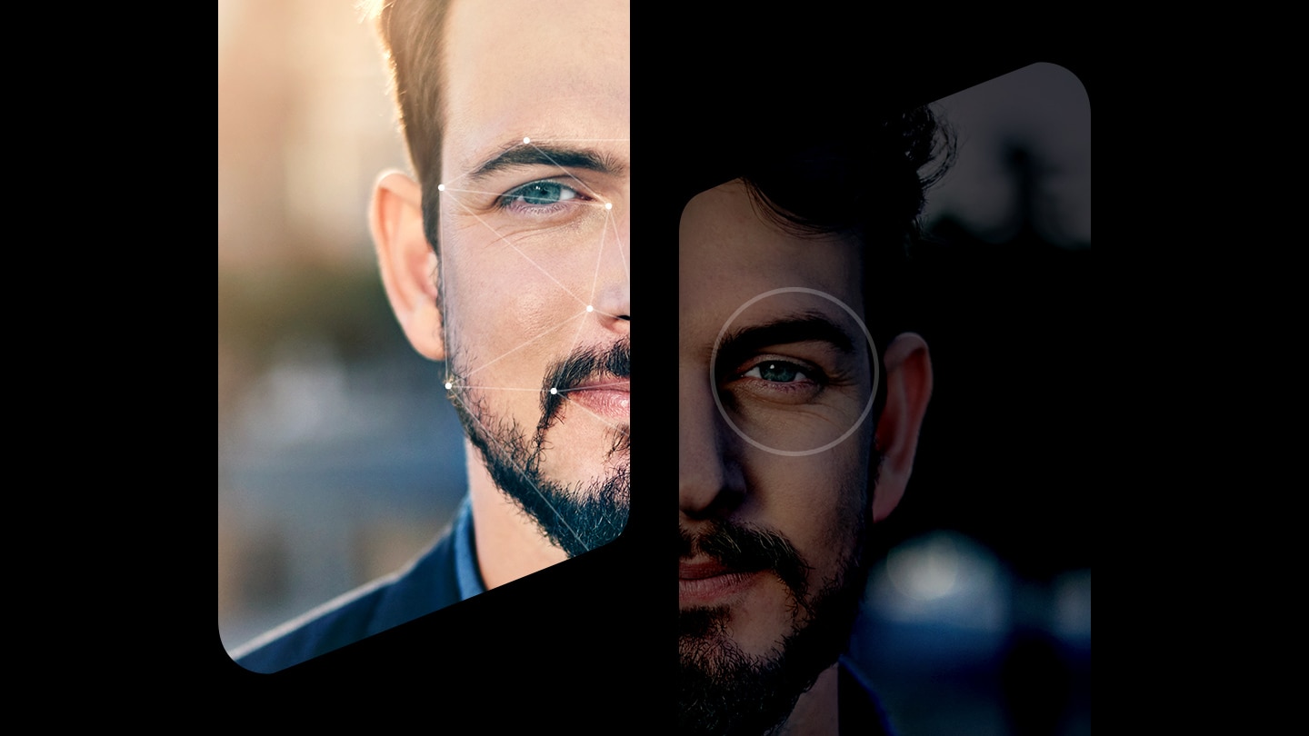 Illustrated overlays of face recognition and iris scanning on a person’s face