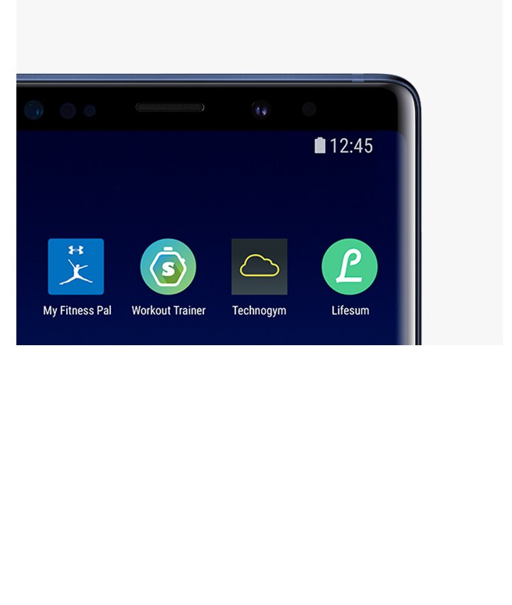 Health қолданбасымен үйлесімді қолданбалары бар Galaxy Note9 Ocean Blue құрылғысының үстіңгі көрінісі.