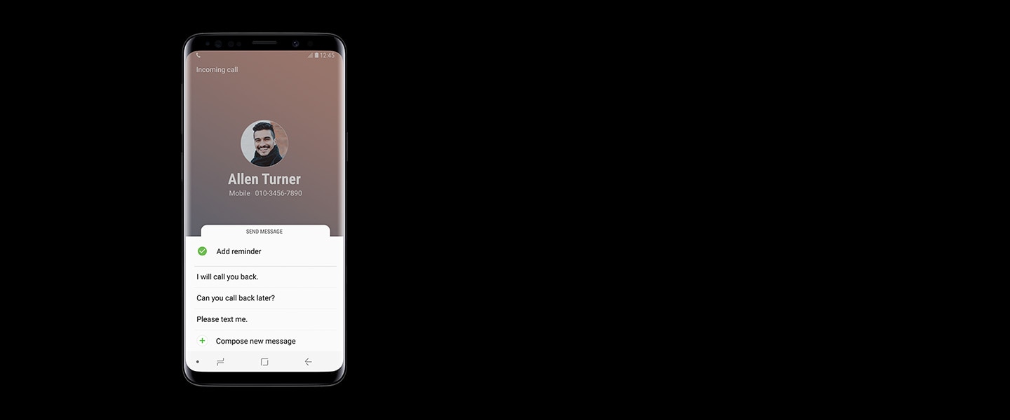 휴대폰으로 걸려온 전화를 빅스비 리마인더에 저장하는 Galaxy S9 미드나잇 블랙의 정면 모습