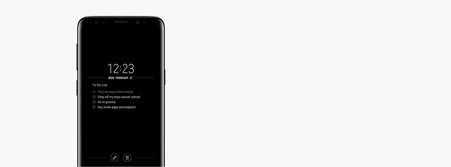 스마트폰의 꺼진 화면에서 리마인더를 보여주는 Galaxy S9 미드나잇 블랙의 이미지