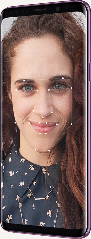 Abbildung eines Galaxy S9+ mit dem Foto einer Person auf dem Display und einer Illustration, die die Gesichtserkennung verdeutlicht