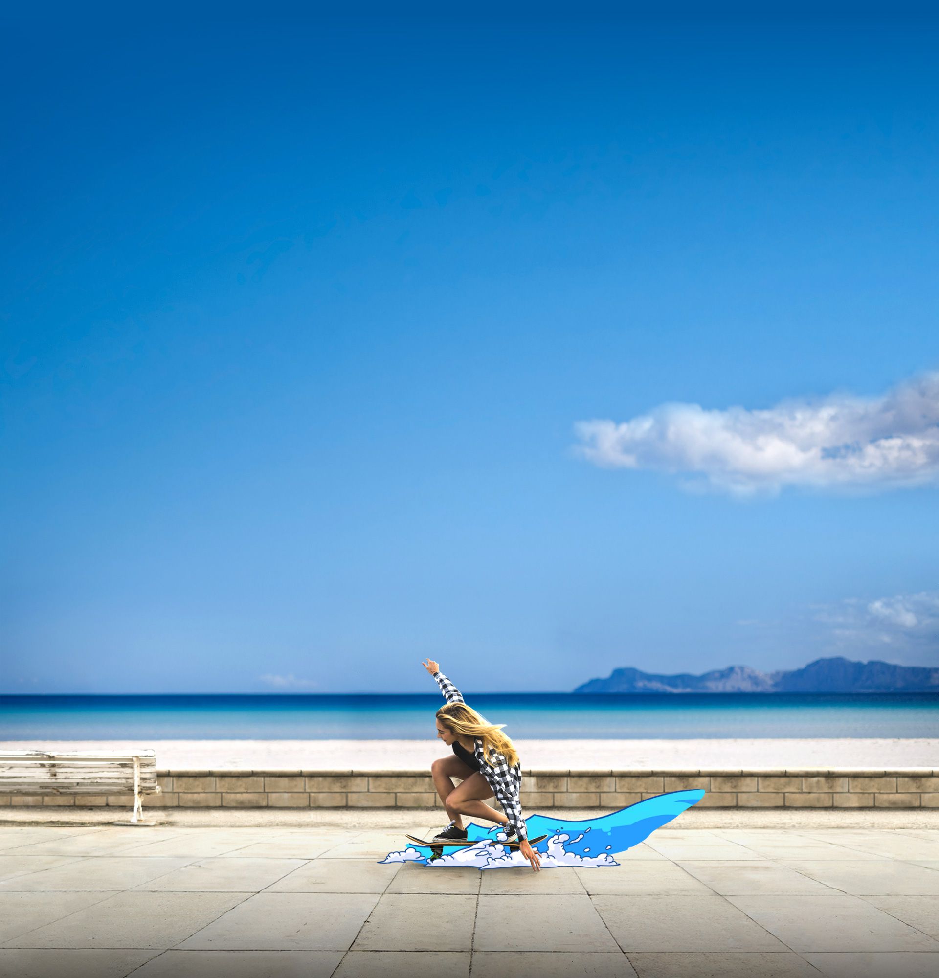 Imagem de uma menina em um skate com ilustração de ondas criando um efeito como se ela estivesse andando de skate sobre a água