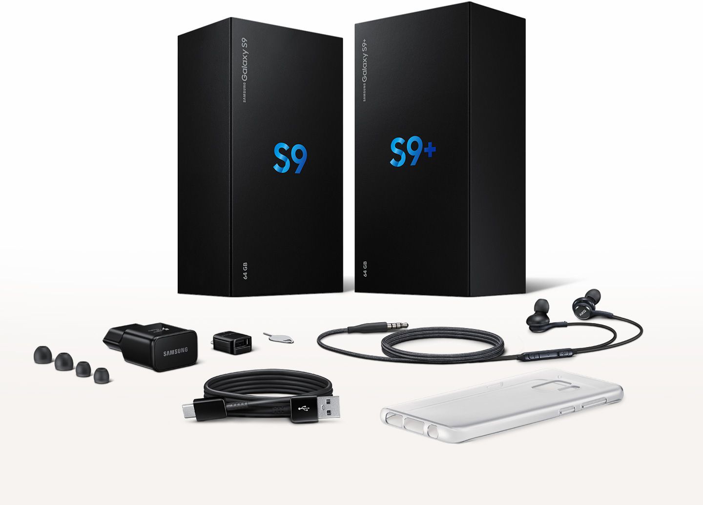 Imagem das caixas do Galaxy S9 e Galaxy S9+ juntamente com os acessórios que acompanham.
