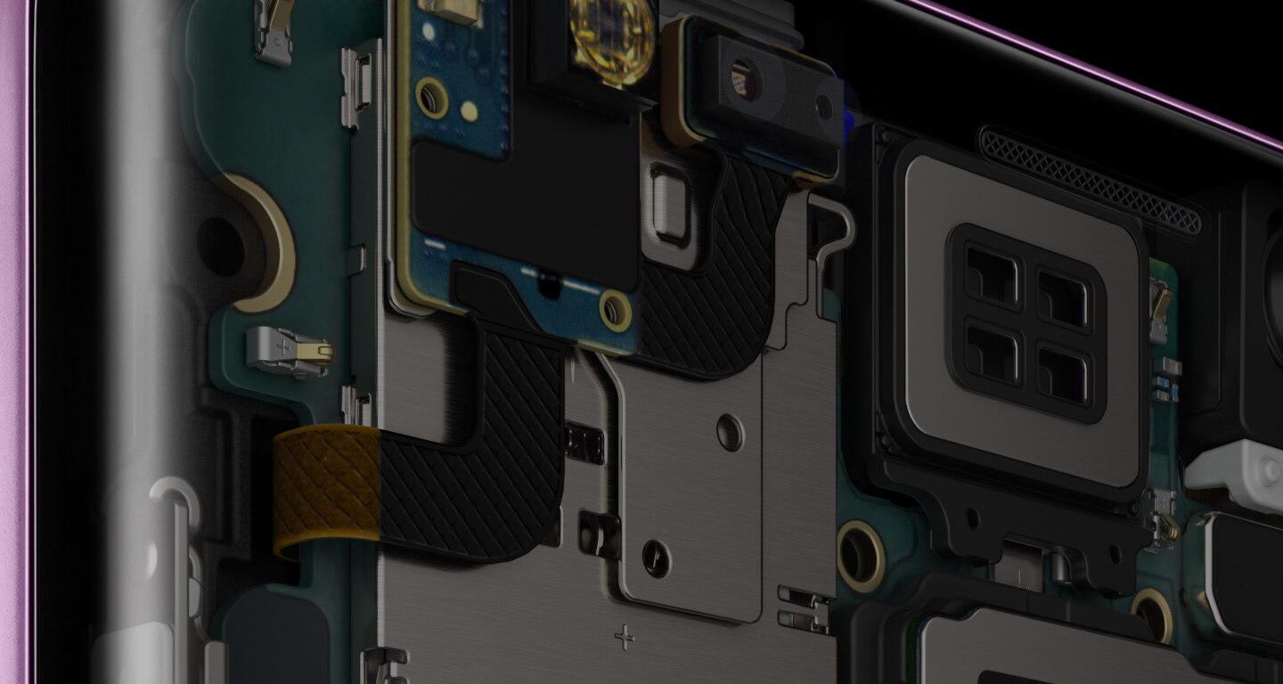Abbildung zeigt eine extreme Nahaufnahme der Hardware im Galaxy S9+