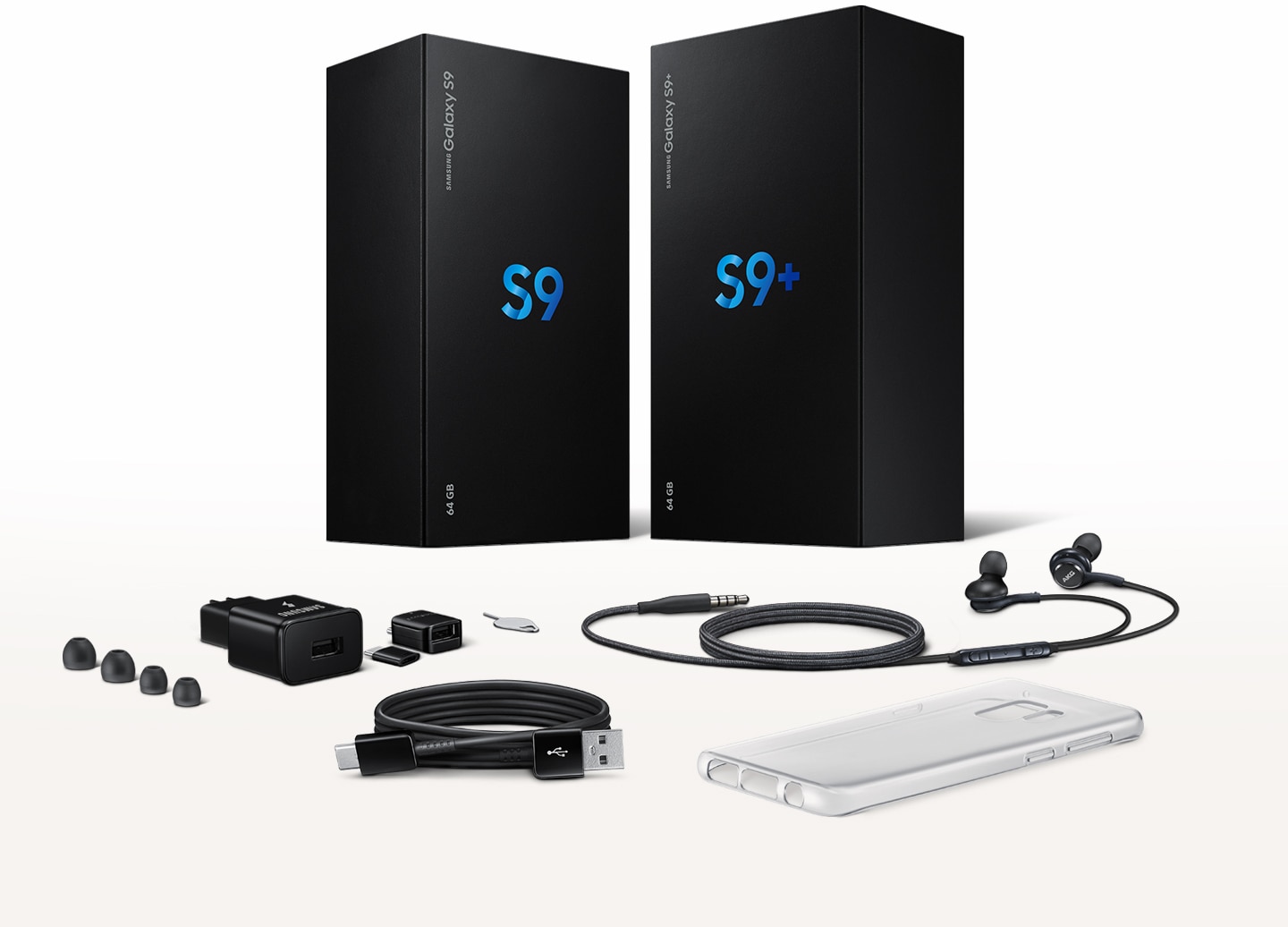 Image of Galaxy S9 and Galaxy S9+ boxes with included accessories