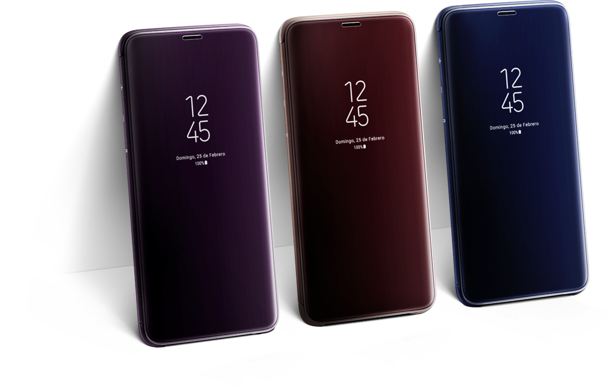 Clear View Standing Cover en tres Galaxy S9+ mostrando la AOD en el frente