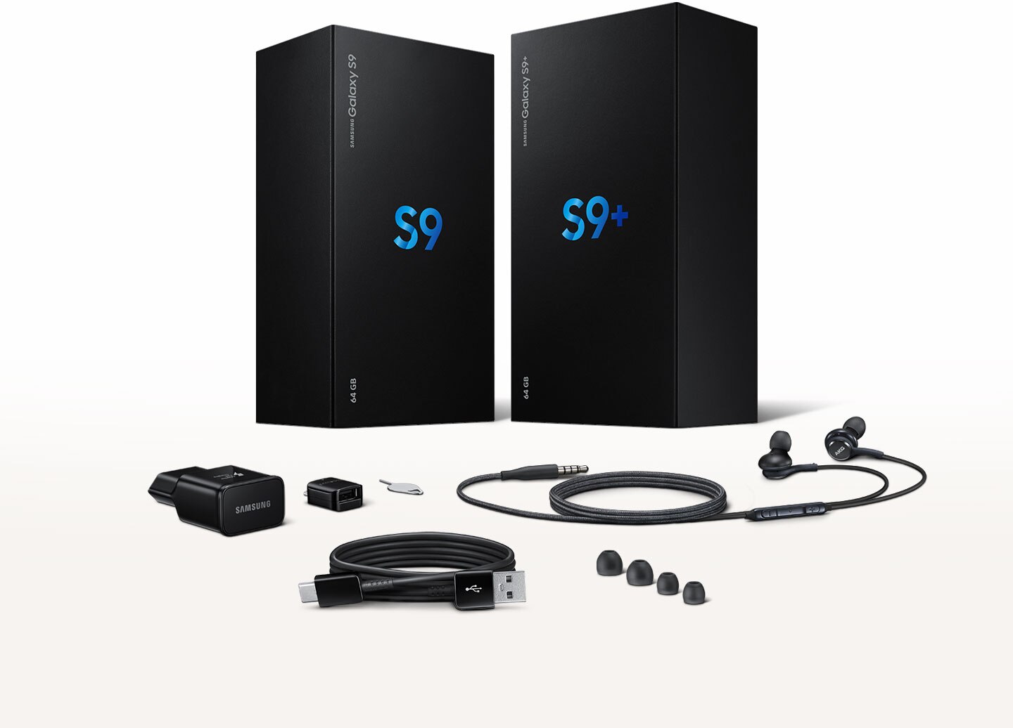Imagen de las cajas de Galaxy S9 y Galaxy S9+ con los accesorios incluidos