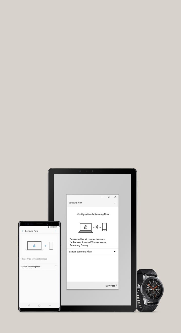 Samsung Ecosystem Connecté aux appareils compatibles comme la Galaxy Watch, la Galaxy Tab S4 et le Galaxy Note 9 via l’appli Samsung Flow