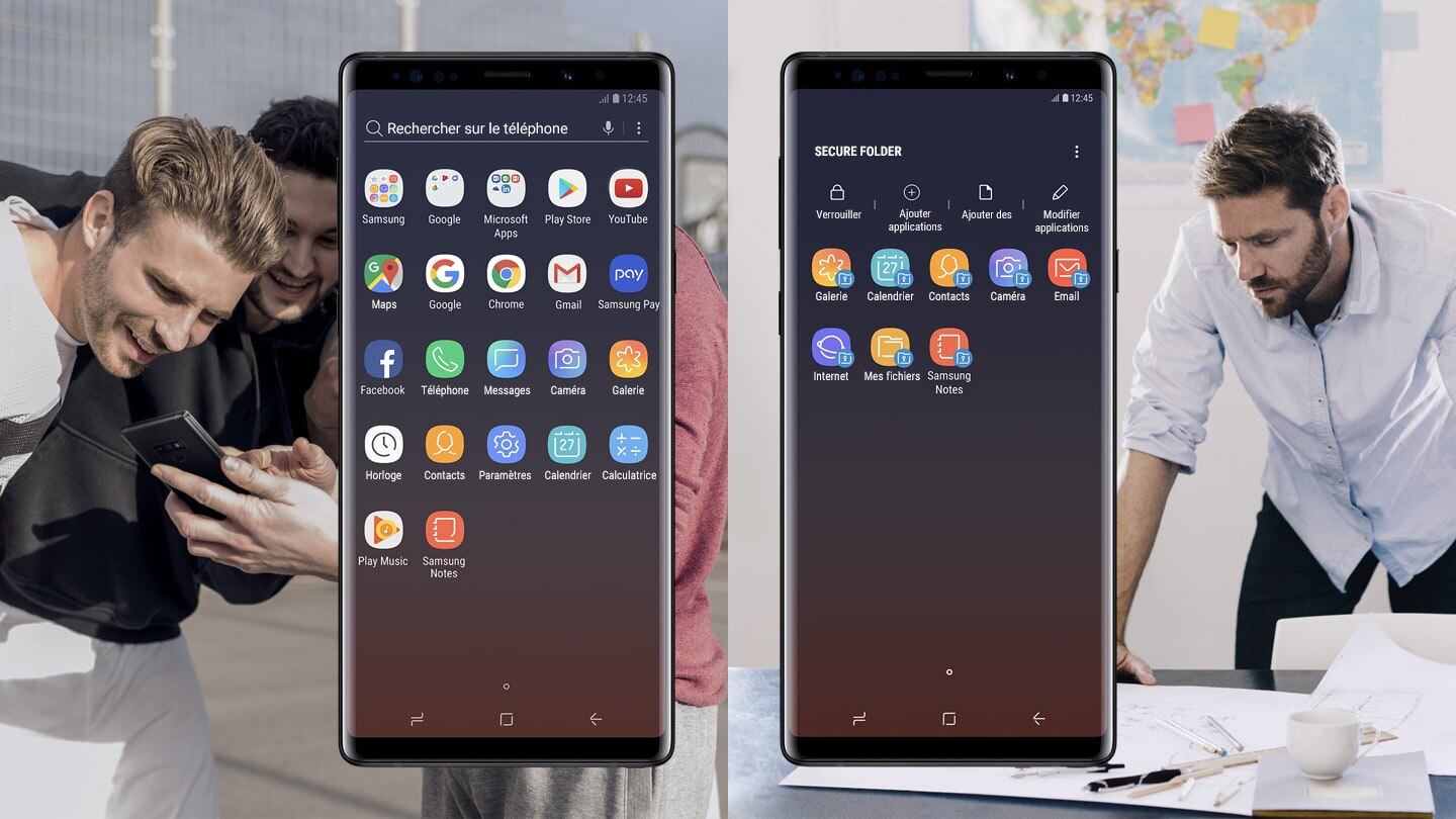 Deux téléphones Galaxy Note 9 côte à côte, l’un affichant l’écran des applis et l’autre affichant l’écran des applis du dossier sécurisé
