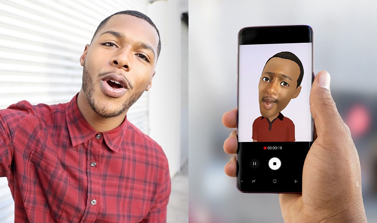 Galaxy S9:llä tai Galaxy S9+:lla otettu kuva, jossa henkilö ilmeilee ja sitä vastaava AR Emoji -video oikealla