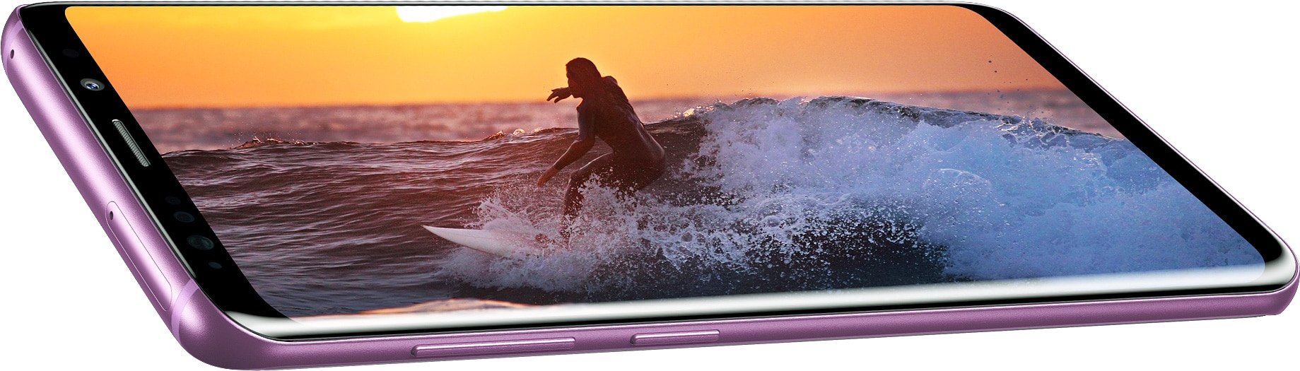 Gros plan du Galaxy S9+ vu incliné pour montrer l’écran Infinity immersif