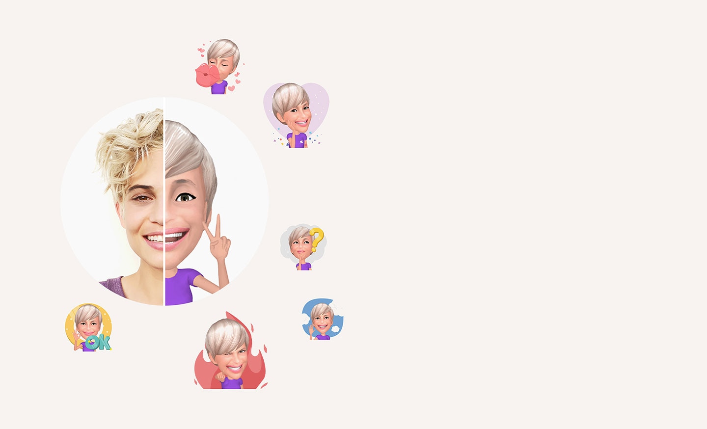 A smiling woman’s portrait photo is compared side-by-side with her emoji counterpart with the same expression. Her emoji character is depicted in various cartoon-like templates.