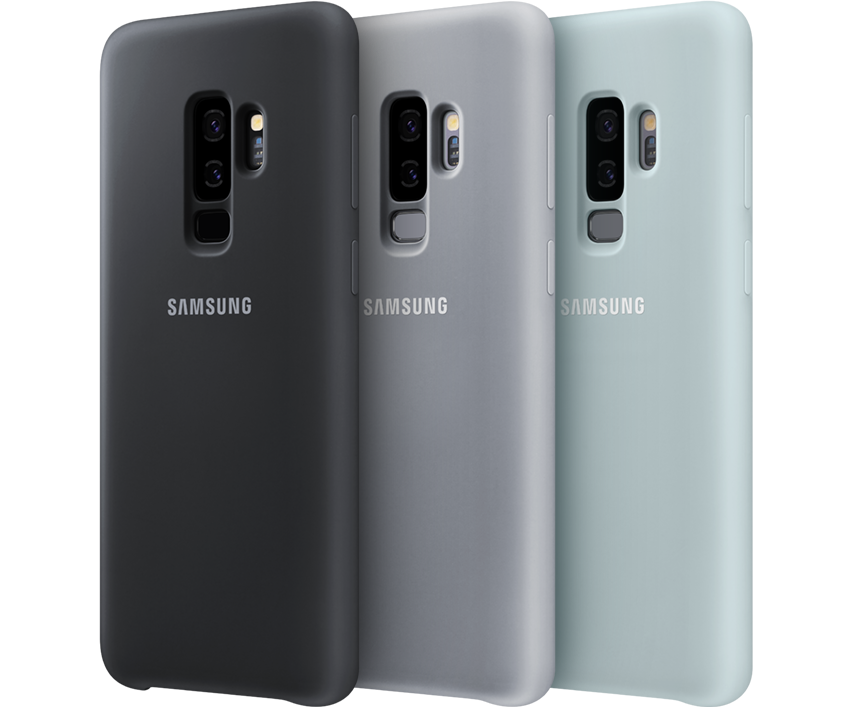 四部Galaxy S9+手機分別套上黑色、灰色、藍色及粉紅色的薄型背蓋