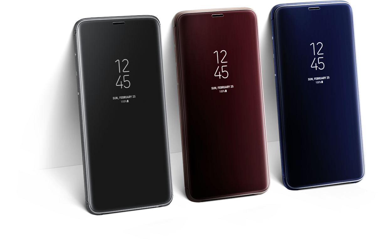 三部套上透視感應保護套的Galaxy S9,螢幕顯示着AOD