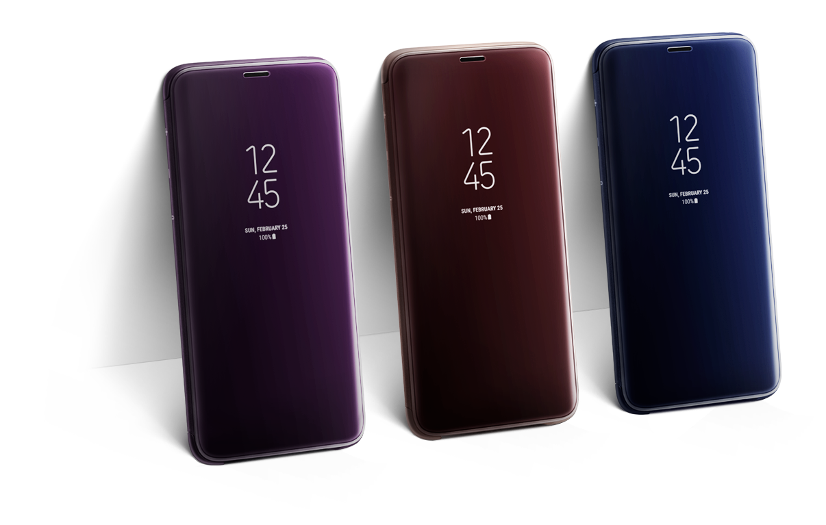 Clear View Standing Cover on three Galaxy S9s displaying AOD on the front