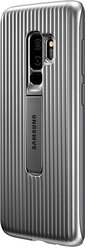 2 Galaxy S9+ phones and 3 Galaxy S9 phones standing and seen from the rear to show a variety of covers