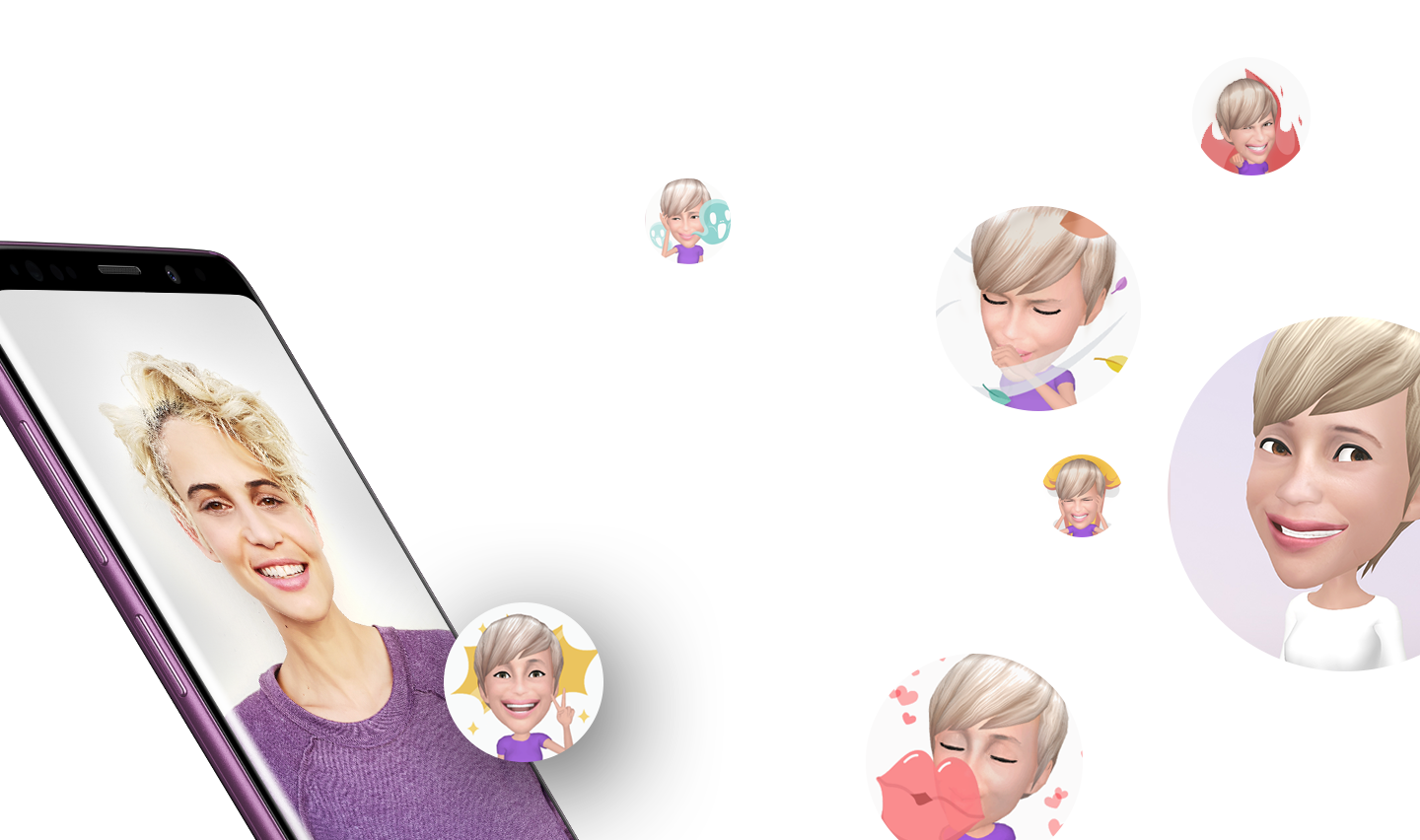 Image showing Galaxy S9+ with a selfie taken by Galaxy S9 or Galaxy S9+ on-screen as well as AR Emojis in bubbles