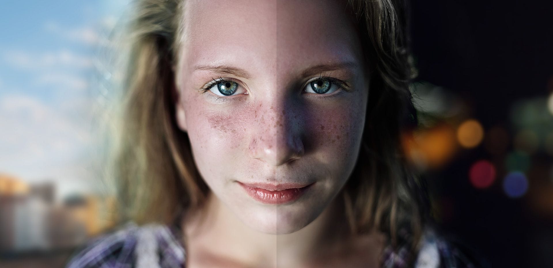 Person’s face with illustrated overlays depicting face recognition and iris scan