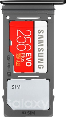 Close-up of Galaxy S9+ with SIM tray ejected and Samsung 256GB microSD card inserted
