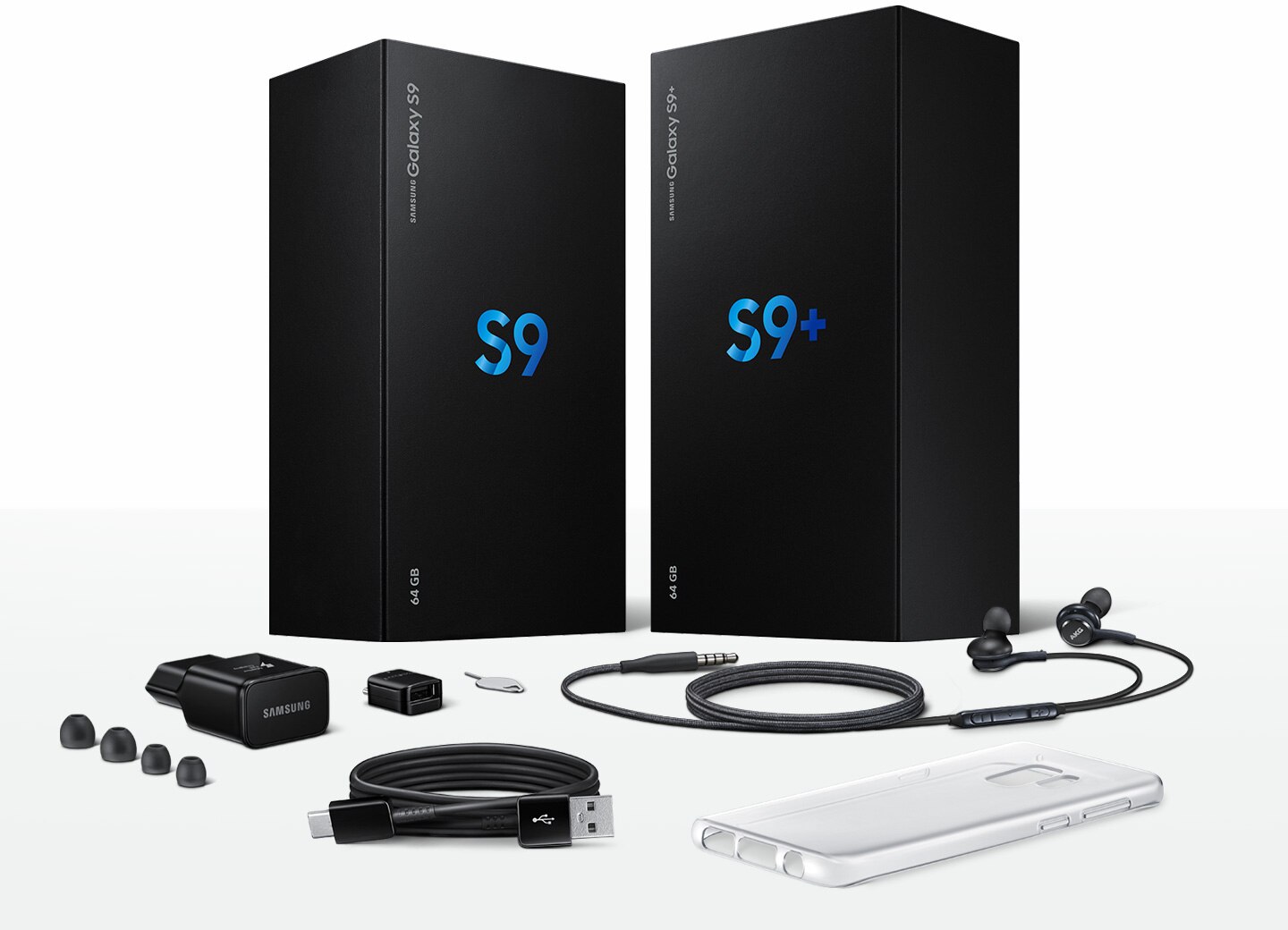 Керек-жарақтар жиынтығы бар Galaxy S9 және Galaxy S9+ қаптамаларының суреті