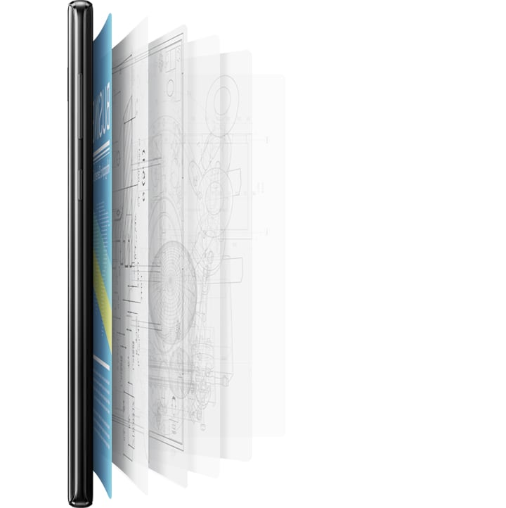 Imitacinis vaizdas su „Galaxy Note9“ iš dešinės pusės su įvairiais dokumentais ir vaizdais, kurie išskaidyti rodomi jo nugarėlėje