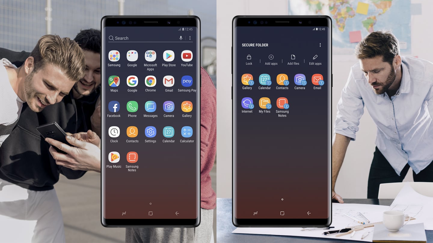 Du „Galaxy Note9“ telefonai vienas šalia kito, vieno ekrane rodomos programos, o kito – saugiojo aplanko programos