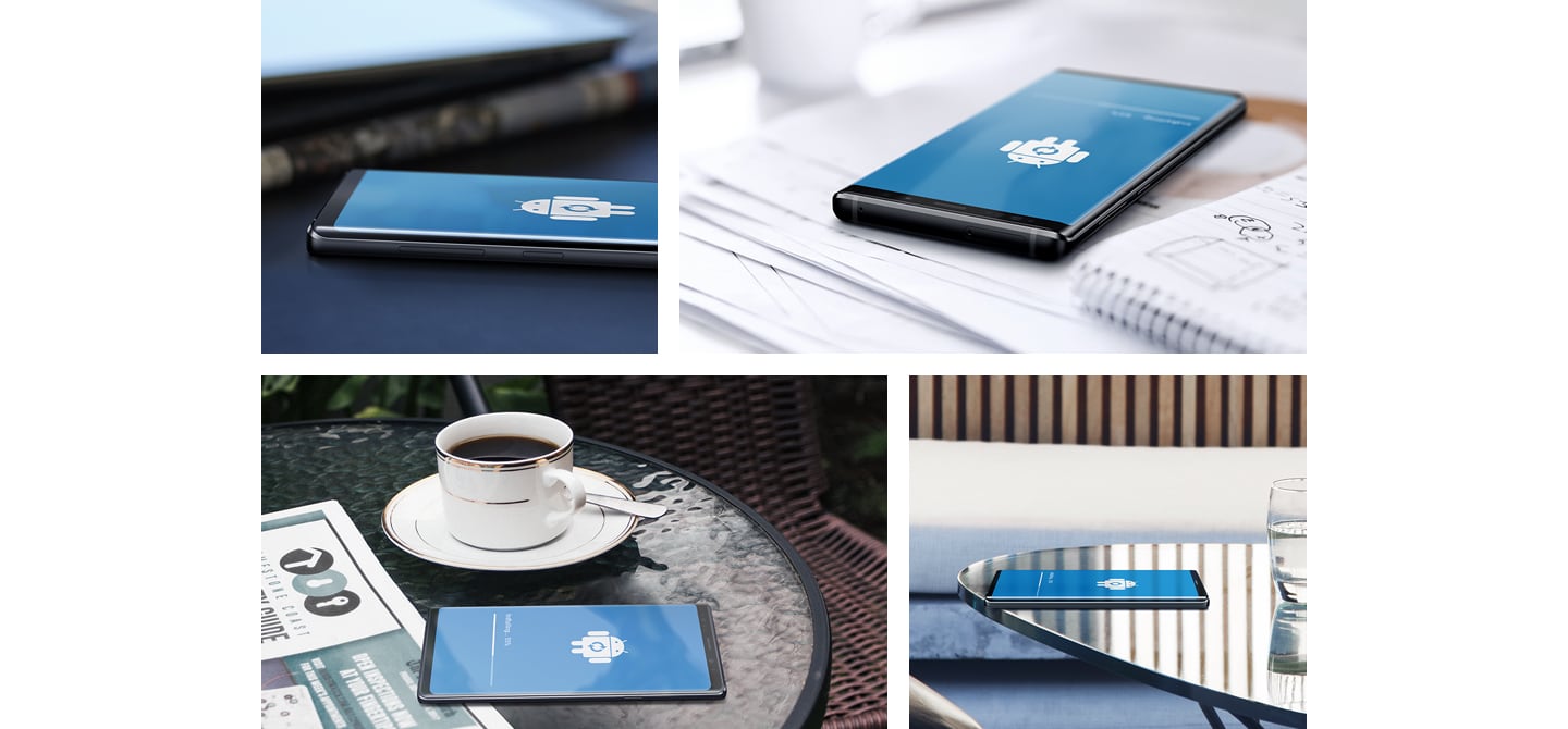 Imitacinis vaizdas su „Galaxy Note9“ ant stalo, kurio ekrane matomas „Android“ atnaujinimo vaizdas
