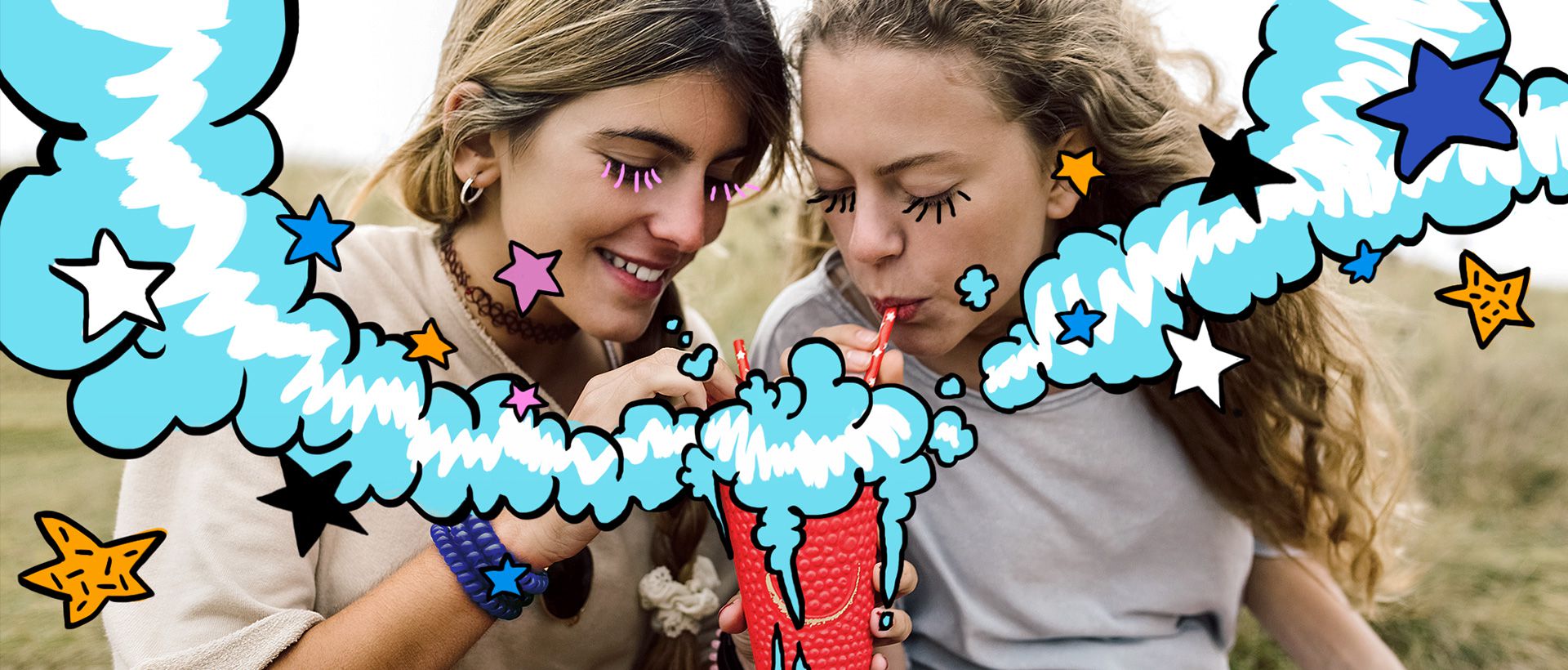 Imagen de ilustración de dos niñas al usar la aplicación de notas de samsung