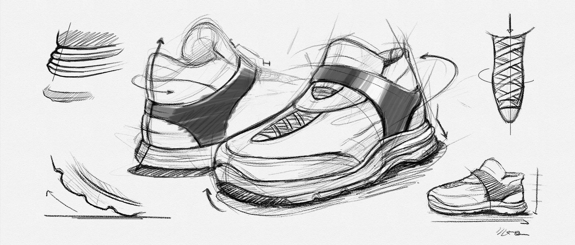 Illustrated image of a sketch of sneakers from multiple angles.