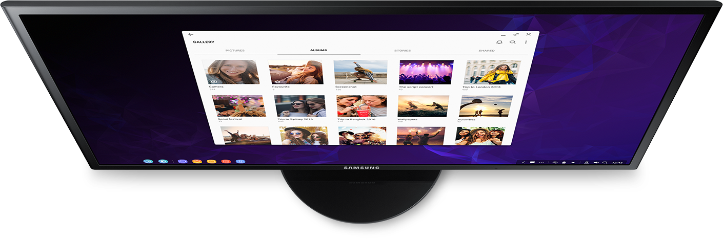 Animação do Galaxy S9+ ligando ao DeX Pad e o monitor transforma-se no ecrã do Samsung DeX GUI