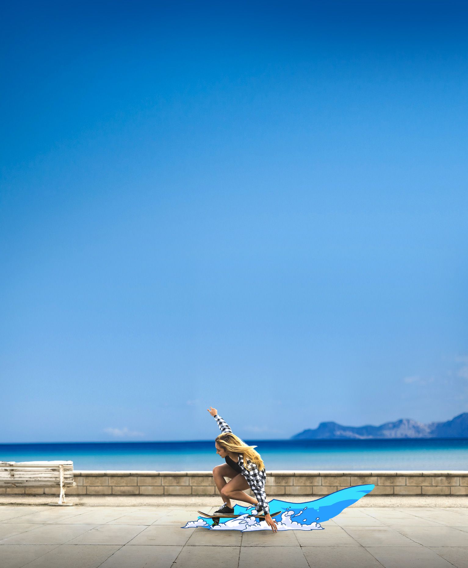 Image of a girl on a skateboard with illustration of waves creating the effect of her skateboarding on water