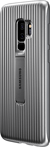 Изображение обратной стороны пяти стоящих вертикально телефонов Galaxy S9+ в разных обложках