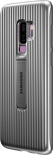 2 Galaxy S9+ phones and 3 Galaxy S9 phones standing and seen from the rear to show a variety of covers