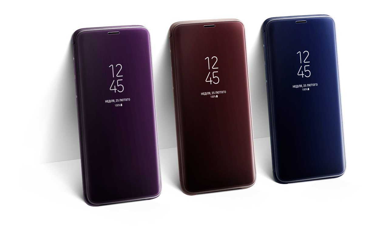Clear View Standing Cover on three Galaxy S9s displaying AOD on the front