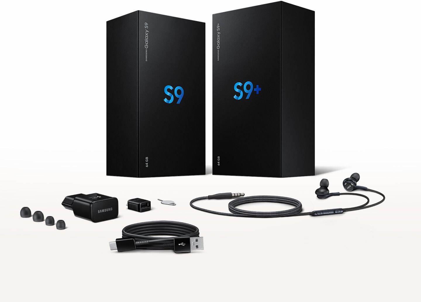 Image of Galaxy S9 and Galaxy S9+ boxes with included accessories