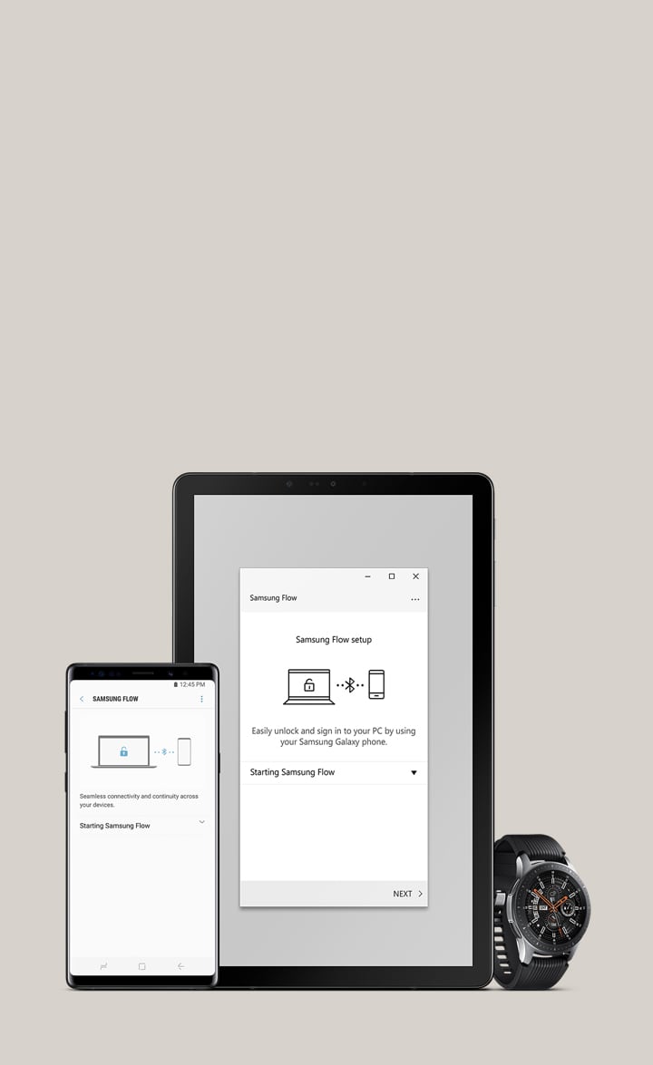Samsung Ecosystem Connected to the compatible devices such as Galaxy Watch, Galaxy Tab S4, and Galaxy Note9 with S Pen with the Samsung Flow App