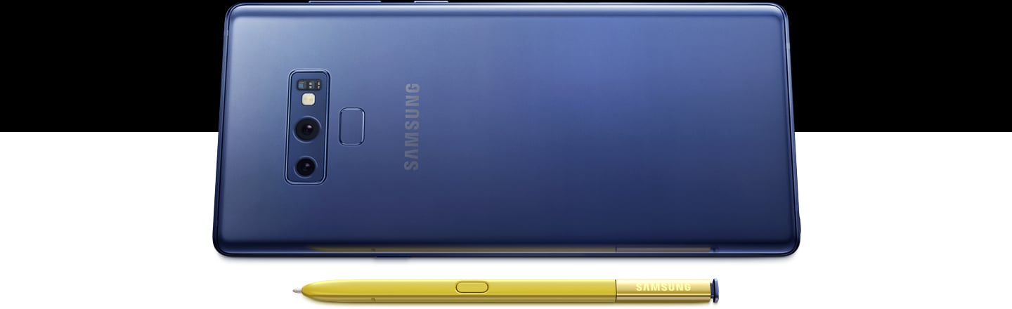 Ocean Blue Galaxy Note9 seen from the rear, sitting on the right side, with yellow S Pen laying in front