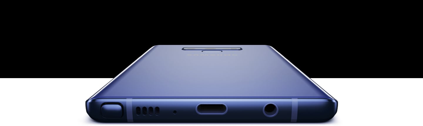 Ocean Blue Galaxy Note9 laying screen-down, viewed from the bottom