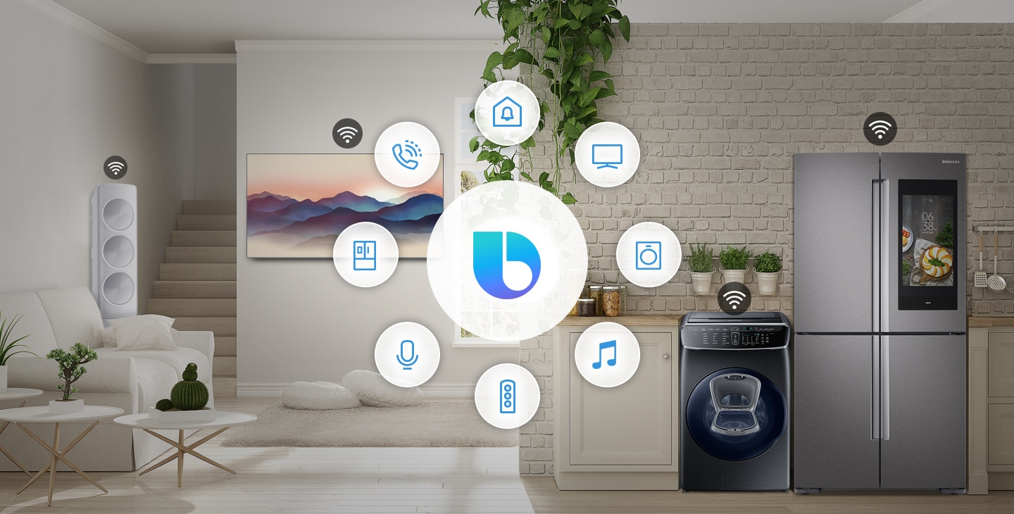 Un'immagine in cui sono riportate le icone degli elettrodomestici (campanello, TV, lavatrice, lettore musicale, condizionatore, assistenza vocale, frigorifero e telefono) integrati nell'applicazione SmartThings della casa