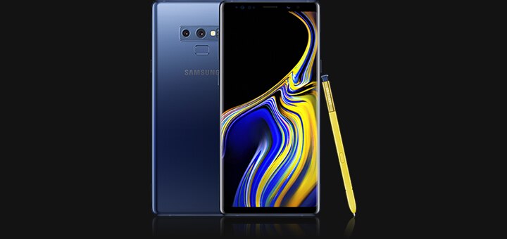 A front image of a Galaxy Note9 Ocean Blue with an S Pen and a back image of a Galaxy Note9 Ocean Blue.