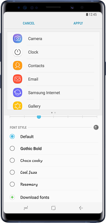 An image of a Galaxy Note9 Ocean Blue showing a screen where the user can set the font.