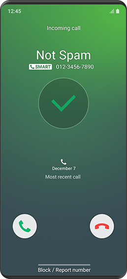 Gelen aramanın bir istenmeyen arama olmadığını gösteren bir akıllı telefon ekranı. Ekran görüntüsü yeşil renkte görüntülenir.