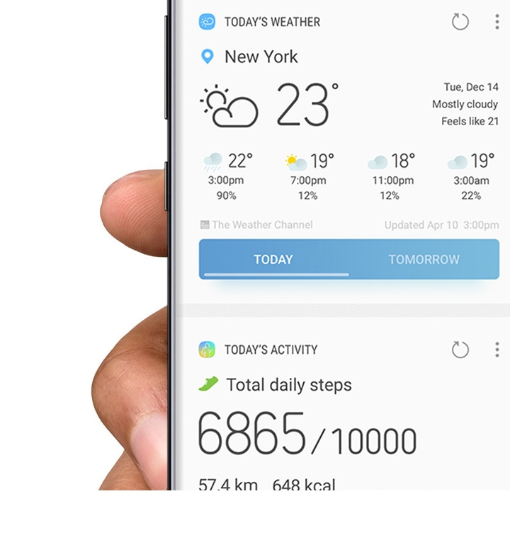 Image d'un Galaxy S9 Midnight Black affichant les applications TODAY'S WEATHER et TODAY'S ACTIVITY sur l'écran d'accueil de Bixby.