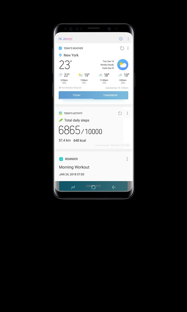 Gambar Galaxy S9 Midnight Black menampilkan aplikasi TODAY'S WEATHER, TODAY'S ACTIVITY, REMINDER yang diatur di Beranda Bixby.