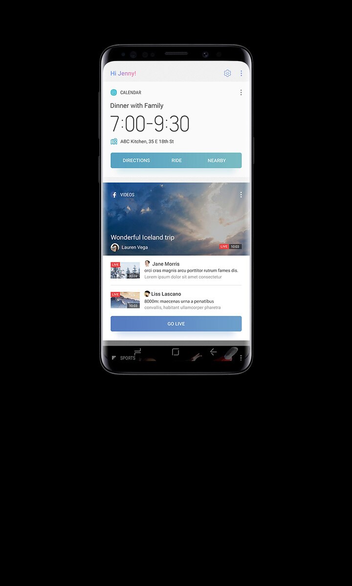 Gambar Galaxy S9 Midnight Black menampilkan aplikasi KALENDER, VIDEO, OLAHRAGA diatur di Bixby Beranda.