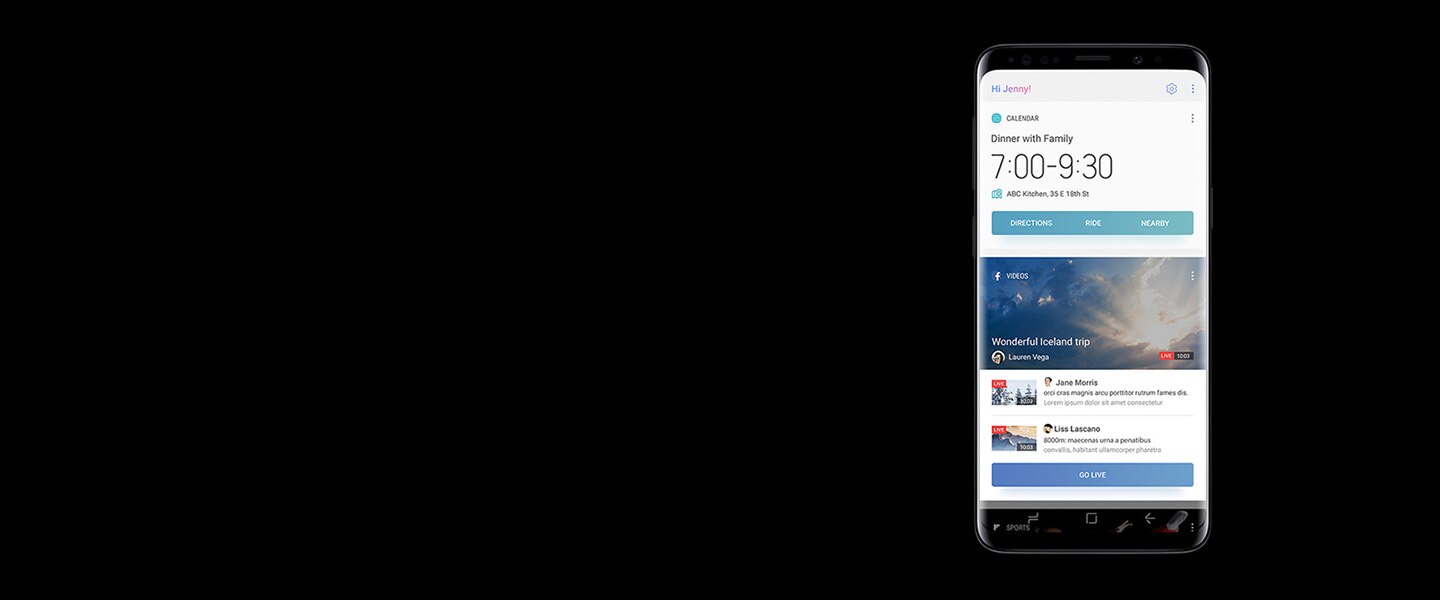 Image d'un Galaxy S9 Midnight Black affichant les applications préinstallées CALENDRIER, VIDÉOS et SPORTS sur l'écran Accueil Bixby.