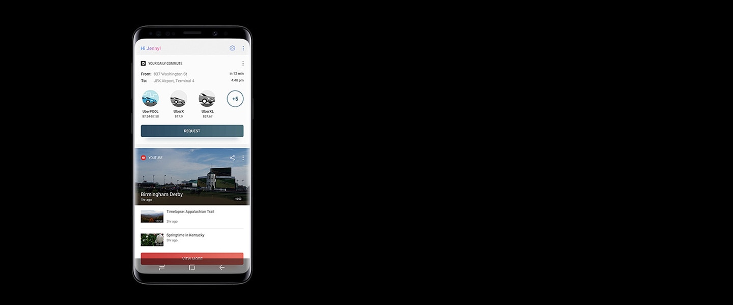 Image d'un Galaxy S9 Midnight Black montrant les applis Uber et YouTube définies dans l'écran Accueil Bixby