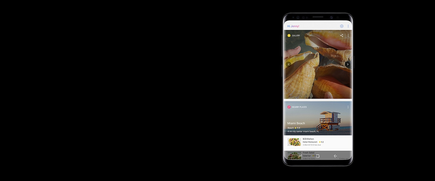Image d'un Galaxy S9 Midnight Black affichant les applications GALLERY et NEARBY PLACES définies dans l'écran Accueil Bixby